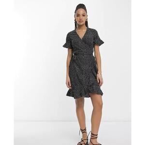 Vero Moda Black/White Polka Dot Wrap Dress WMNS M V-Neck Ruffle Hem Belted Short